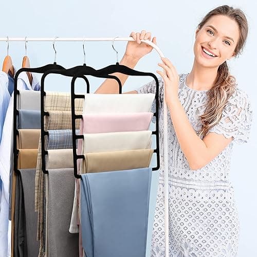 Closet Organizers and Storage,3 Pack Organization and Storage Pants-Hangers-Space-Saving,Velvet Hanger for Dorm Room for College Students Girls Boys Guys Hanging Jean Scarf - Black - Large thumbnail 7