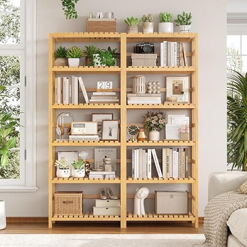 FOTOSOK 6-Tier Bamboo Shelf with Adjustable Shelves, Bamboo Kitchen Cabinet | Tall Bamboo Bookshelf and Plant Shelf with 250-lb Shelf Capacity for Laundry Bathroom Kitchen Pantry Home Office thumbnail 5