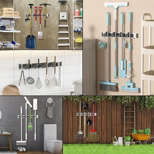 Holikme Mop Broom Holder Wall Mount Metal Pantry Organization and Storage Garden Kitchen Tool Organizer Wall Hanger for Home Goods (4 Positions with 4 Hooks, Black) thumbnail 6