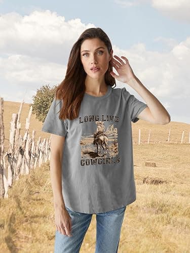 Savarana Western Cowgirls Shirts Women Vintage Graphic Tee Tops Funny Letter Print Country Music Tshirt thumbnail 3