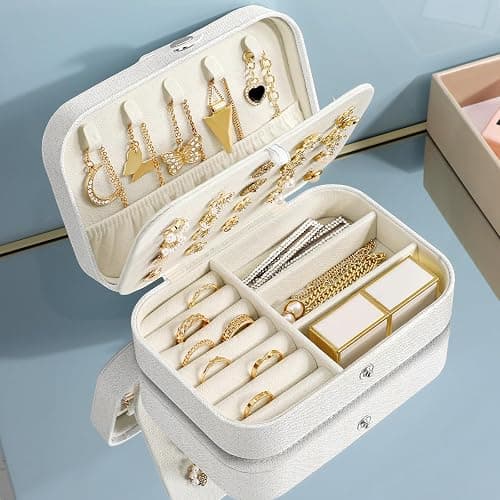 CNMTCCO Petite boîte à bijoux de voyage pour colliers, bagues, bracelets, boucles d'oreilles - Similicuir de qualité supérieure - Boîte cadeau pour filles et femmes (blanc) thumbnail 2