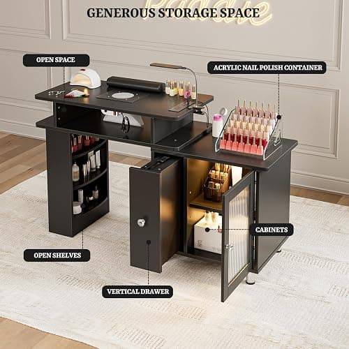 Paddie Manicure Table Nail Desk with LED Lamp & Light, Glass Cabinet Door Nail Table Station w/Dust Collector, Charging Station, Removable Acrylic Container, Cabinet and Drawer(Black-New) thumbnail 9