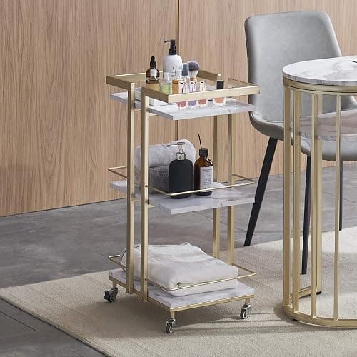 BarberPub Utility Salon Trolley, Metal Storage Rolling Barber Trolley with Wheels, Golden Esthetician Cart, Multi-Purpose 3-Tier Mobile Facial Trolley, Nail Cart 2033 (White) thumbnail 2