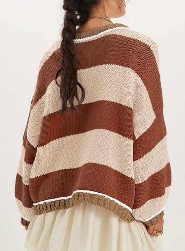 Fnortc Women's Chunky Knit Striped Sweaters Casual Long Sleeve Crew Neck Oversized Pullover Sweater Winter Fall Spring Tops thumbnail 7