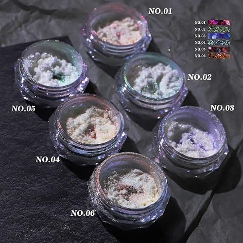 Ice Transparent Aurora Nail Powder Neon Rainbow Holographic Chameleon Powder Multi Chrome Iridescent Pigment Pearlescent Nail Art Glitters (6 Boxes Transparent) thumbnail 7