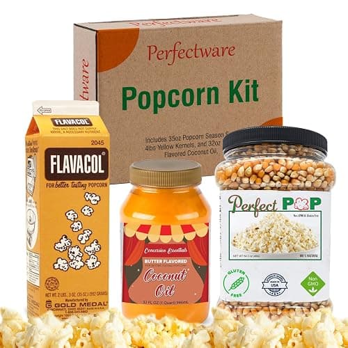 Perfectware Popcorn Kit- (Includes 35oz Popcorn Season Salt, 4lbs Yellow Kernels, and 32oz Butter Flavored Coconut Oil, Plain,PW-Popcorn Kit-3 - Image 1