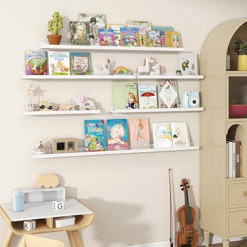 Fun Memories Picture Ledge Shelves Set of 2, 24 Inch Rustic Wall Mounted Floating Shelves with Lip for Home Storage and Décor in Bathroom, Kitchen, Nursery, Bedroom, Living Room, White - White - 24inch thumbnail 6