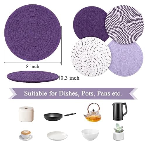 SHACOS 8 Inches Trivets for Hot Dishes, 4 Pieces Cotton Trivets Mats | Hot Pads for Kitchen Countertops and Table, Heat-Resistant Pot Holders for Hot Pots and Pans(Purple, 4pcs) thumbnail 3