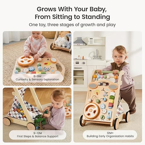 GROWNSY Wooden Baby Walker with Wheels, 3-in-1 Sit-to-Stand Push Walker | Adjustable Speed, Montessori Baby Walker with 7-in-1 Removable Activity Panel, First Birthday Gifts for Boys & Girls thumbnail 2