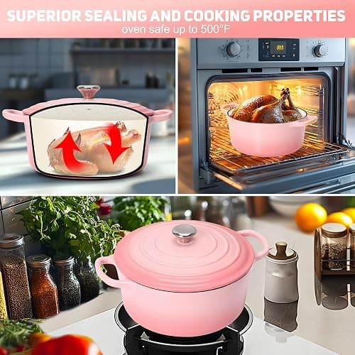 Enameled Cast Iron Dutch Oven with Proofing Basket, Non-Stick Ovenproof Casserole Pot, Pink Dutch Oven for Braising, Stews, Roasting & Bread Baking 5Litres-26cm thumbnail 3
