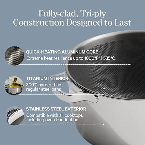 Our Place Titanium Pro Cookware Duo – Always Pan & Perfect Pot with Nonstick No-Coating Technology | Tri-Ply Titanium & Stainless Steel | Safe for Oven, Induction & All Cooktops up to 1000°F | Chrome thumbnail 5