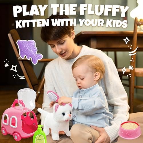 SMILESSKIDDO Walking Cat Toys for Girls - Electronic Kitty Meow with Wagging Tail, Storage Cage and Accessories, Interactive Pet Care Playset, Gifts for Toddlers 1 2 3 4 5 6 Year Old thumbnail 6
