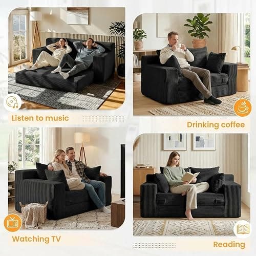 55" Small Boneless Couch, 3-in-1 Boneless Loveseat Sleeper Sofa Bed Convertible Sofa Bed with 4 Pillows, Black Corduroy Boneless Couch for Living Room, Guest Room, Small Space, No Assembly Required thumbnail 5