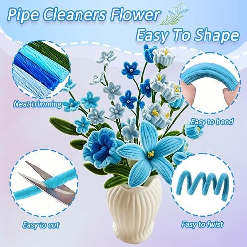 400 Pcs Pipe Cleaner Flower Kit Blue Pipe Cleaners Bulk Craft for DIY | with 5 colors Chenille Stems with Instruction Floral Tape, Ribbon, Flower Centers, and Stems thumbnail 5