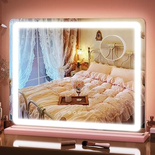 FENNIO 23" x 18" Vanity Mirror with Lights，LED Makeup Mirror，Hollywood Mirror with 3 Color Modes & Adjustable Brightness，Vanity Mirror Pink - Image 1