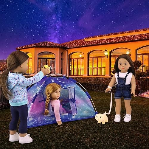 Ecore Fun 5 Items 18 inch Dolls Camping Tent Set and Accessories Including Girl Doll Tent, Sleeping Bag, Backpack, Toy Camera and Dog thumbnail 4