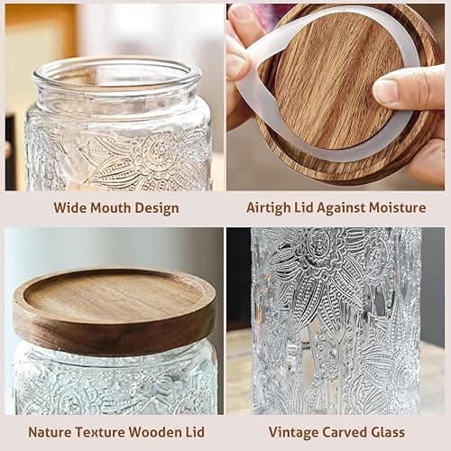 34 OZ Airtight Glass Storage Jar with Bamboo Lid - Vintage Glass Jar Vintage Food Containers Canisters Set for Kitchen Counter & Pantry - Ideal for Sugar, Flour, Coffee, Tea, Candy, Oats -2 Pack thumbnail 5