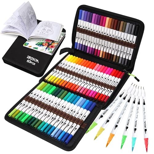 ZSCM Art Duo Tip Brush Markers Set, 60 Colors Fine Brush Tip Artist Drawing Pens Set with Coloring Book, for Adult Sketching Journal Planner School Supplies Gifts - Image 1