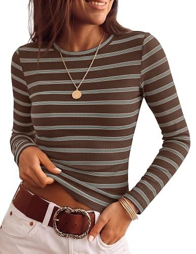 ZESICA Womens Striped Fall Long Sleeve Cute Shirt Dressy Work Going Out Top | Ribbed Knit Basic Tees, Business Casual Outfits, Dressy Blouse, Y2K Streetwear, Date Holiday Clothes, Fall Winter Fashion - Image 1