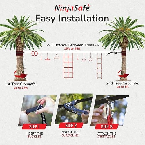 Ninja Obstacle Course for Kids Backyard - 10 Durable Obstacles and 50' Slackline - Outdoor Warrior Obstacle Playset Equipment for Girls & Boys with Monkey Bars, Ladder, Wheel, Gymnastics, Climbing Net thumbnail 6