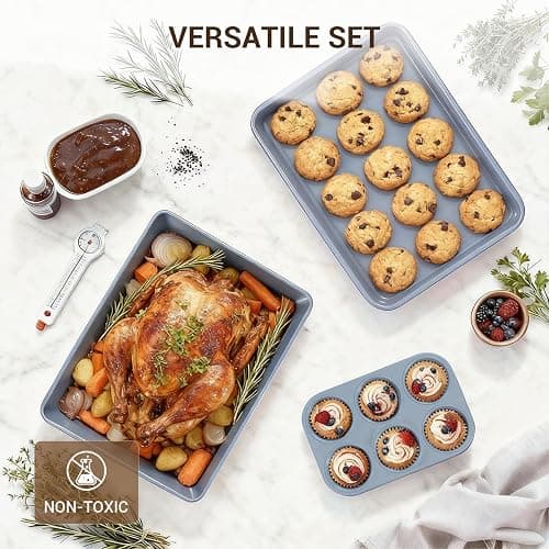 Ammeloo 22-Piece Baking Pans Set Stackable Bakeware Non Stick Baking Set Non Toxic Oven Pans, Including Roasting Pan, Cookie Sheets, Muffin Pans, Cake Pans, Oven Mitt and Utensils(Gray & Hunter Green) thumbnail 9