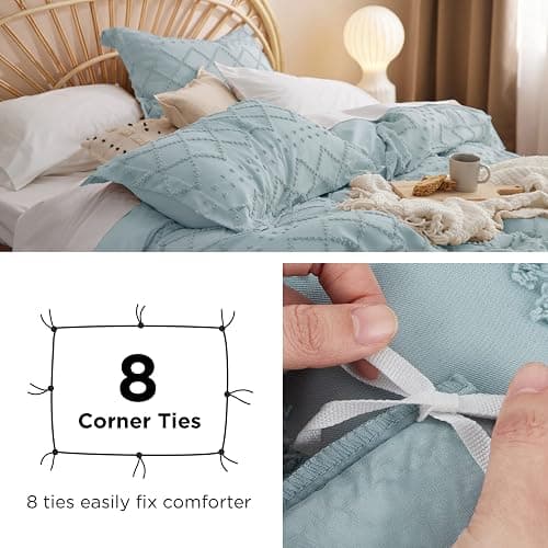 Bedsure Boho Duvet Cover Queen Size,Dusty Blue Breathable & Soft Boho Bedding, Machine Washable Comforter Cover for All Seasons, Includes 1 Duvet Cover 90"x90" with 2 Pillow Shams & Zipper Closure thumbnail 7