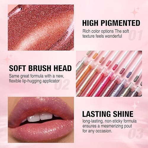 LANGMANNI 10 Colors Diamond Glitter Lip Gloss Set,Long Lasting High Shine Shimmer Liquid Lipstick Set,Hydrating,Moisturizing Lip Gloss Kit Gift Makeup For Girls thumbnail 5
