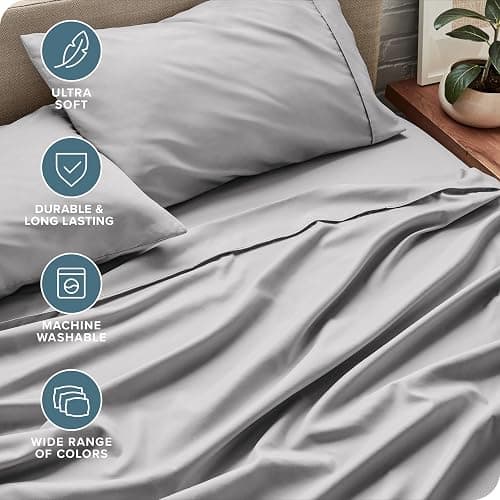 Bare Home Queen Sheet Set - Luxury 1800 Ultra-Soft Microfiber - Double Brushed - Deep Pockets - Easy Fit - 4 Piece Set - Bedding Sheets & Pillowcases (Queen, Light Grey) thumbnail 4