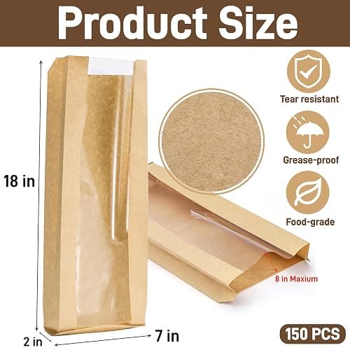 YIMITEE 150 Pack Paper Bread Bag with Window, 18"x7"x2" Long French Bread Bag, Brown Kraft Baguette Bags, Loaf Storage Packing Sacks Biscuits Packaging for Homemade, Bakery, Coffee Bar thumbnail 3