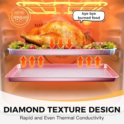 HONGBAKE 9-Piece Baking Pans Set Nonstick, Stackable Non Toxic Bakeware Sets with Diamond Texture, Oven Pan Set for Cooking, Includes Cookie Sheet with Rack, Cake Pan, Roasting Pan, Muffin Tin, Pink thumbnail 9