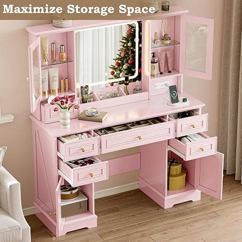 BORNOON Vanity Desk with Lights, Large LED Mirror with 3 Color Modes, Makeup Vanity with Power Outlet & USB Ports, 6 Drawers & 2 RGB Glass Cabinets, Farmhouse Dressing Table for Women & Girls (Pink) - Pink thumbnail 5
