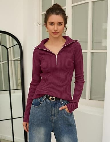 Prettywear 2025 Women's Half Zip Pullover Sweaters V Neck Collared Long Sleeve Ribbed Knit Fall Tops Dressy Casual thumbnail 3