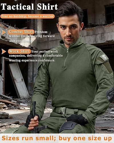 Men's Tactical Combat Shirt, Lightweight Long Sleeve Military BDU Shirts Paintball Airsoft Top with Zipper thumbnail 3