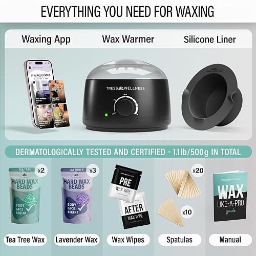 Tress Wellness Waxing Kit for Sensitive Skin – Safe for Face & Skin, Prep & Aftercare Wipes, Easy to Use – At-Home Kit for Face, Bikini, Brazilian & Full Body - Black, No Display thumbnail 2