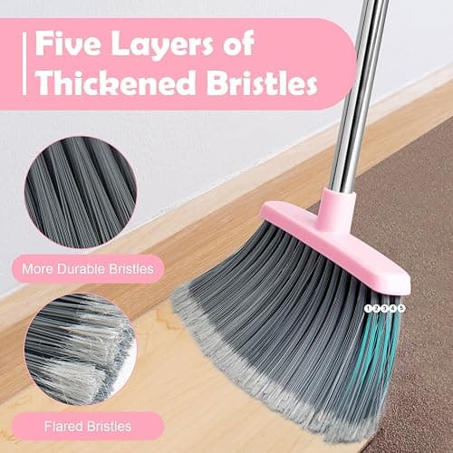 XXFLOWER Long Handle Dustpan and Brush Sets, Broom and Dustpan Set with Comb Teeth, Sweeping Brush Set for Indoor Kitchen Lobby Office Sweeping Pet Dog Hair, Household Cleaning Supplies(Gray Pink) thumbnail 4