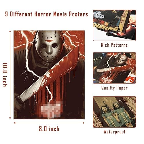 Eartim 9Pcs Horror Classic Movie Characters Poster Set, Vintage Wall Art Prints Scary Movie Character Printing Poster for Halloween Party Haunted House Home Living Room Bedroom Office Decor thumbnail 2