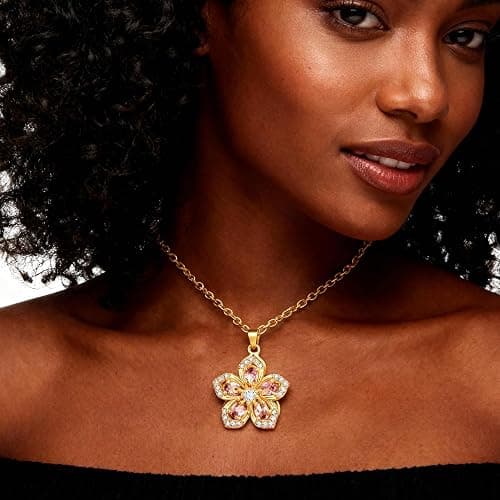 Spinning Necklace Women Gold Plated Flower Pink Crystal Pendant Necklace thumbnail 3