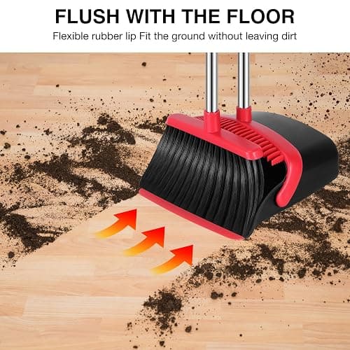 NACENA Broom and Dustpan Set, 52-in Long Adjustable Handle Broom Dustpan Combo with Dustpan Teeth to Automatically Clean Hair Suitable for Home Kitchen Office Hall Floor（Black&Red） thumbnail 6