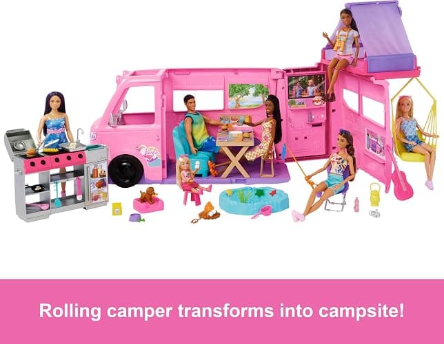 Barbie Dream Camper New for 2025 Playset with Roof Tent, Swing Chair, Fishing Pond, BBQ Grill with Color-Change Feature & 60+ Accessories Including Dough thumbnail 2