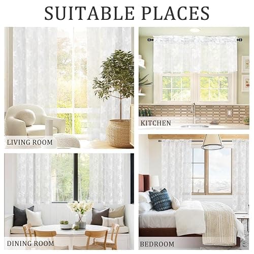 DWCN White Floral Lace Sheer Curtains - Rod Pocket Window Voile Sheer Drapes for Bedroom Kitchen Short Curtains 52 x 45 inch Length, Set of 2 Curtain Panels thumbnail 7