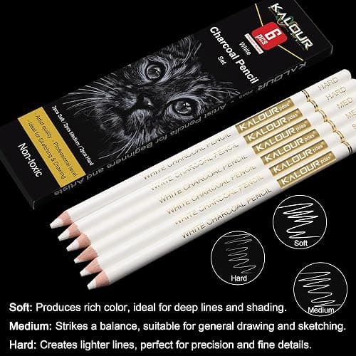 KALOUR White Charcoal Pencils Drawing Set, Professional 6 Pieces White Sketch Pencils for Drawing, Sketching, Shading, Blending, Chalk for Beginners & Artists thumbnail 3