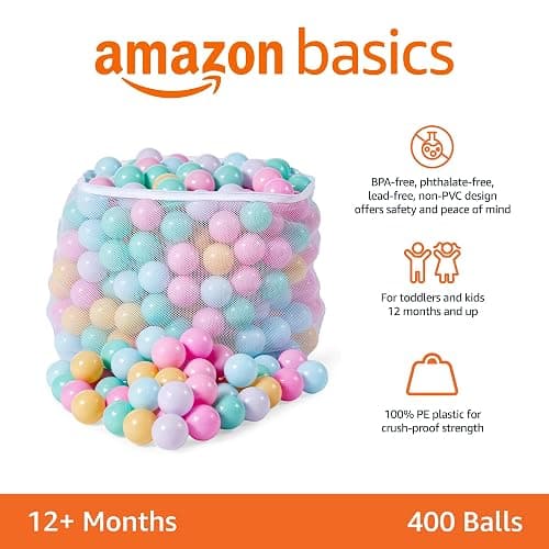 Amazon Basics BPA Free Crush-Proof Plastic Ball, Pit Balls with Storage Bag, Toddlers Kids 12+ Months, Pack of 400 Balls, 6 Pastel Colors - 400 Balls - 6 Pastel Colors thumbnail 3