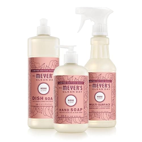 Mrs. MEYER'S CLEAN DAY Kitchen Basics Set, Rose Scent Cleaning Supplies includes Hand Soap (12.5 Fl Oz), Dish Soap (16 Fl Oz) and Multi-Surface Cleaner (16 Fl Oz) - Image 1