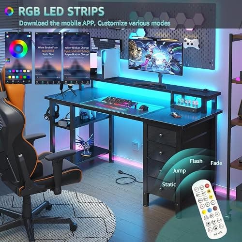 Lufeiya Black Gaming Desk with LED Lights and Power Outlets, 47 inch Computer Desk with Fabric Drawers and Storage Shelves, Home Office Desk with Monitor Stand, Black thumbnail 4