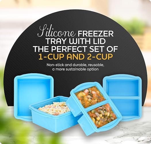 ZIP STANDING Silicone Freezer Trays with Lids, Set of 4 - with 1cup and 2 cup Silicone Freezer Molds for freezing soups, sauces and individual microwave safe thumbnail 4