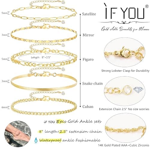 iF YOU Gold Ankle Bracelets for Women, 14k Gold Plated Waterproof Cuban Link Chain Anklets Set, Layered Anklet Bracelets for Women Beach Gift Adjustable Size 5pc thumbnail 4