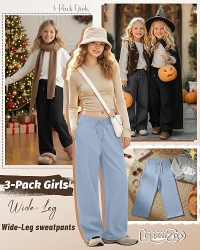 LessonZoo 3 Pack Girls Sweatpants Straight Leg Ribbed Waist Active Joggers Teens Athletic Pants with Drawstring and Pockets thumbnail 3