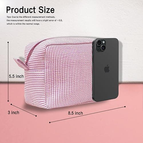 MT WORLD Personalized Makeup Bag Cute Cotton Cosmetic Bag for Women Seersucker Bridesmaid Travel Makeup Bag for Girls Aesthetic Toiletry Bag Organizer Storage Pouch (Red) thumbnail 4