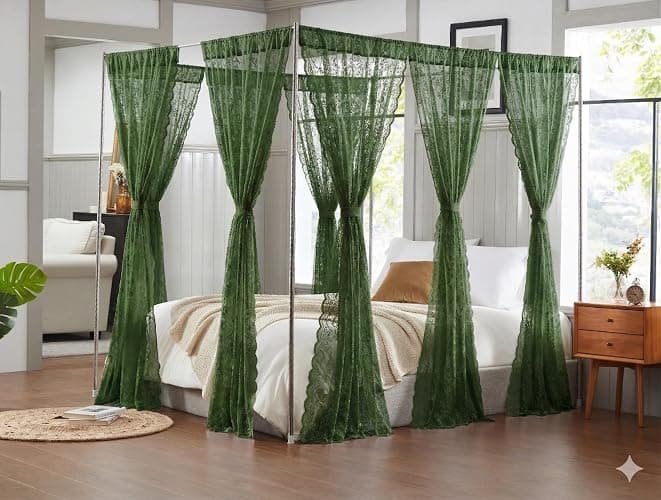 Warm Home Designs Lace Canopy Bed Curtains Set Consists of 8 48" x 78" Sage Green Canopy Curtains with Tie-Backs. Queen Canopy Bed Curtains or King Bed Canopy Curtains for Cute Bedroom Decor. LC Sage thumbnail 3