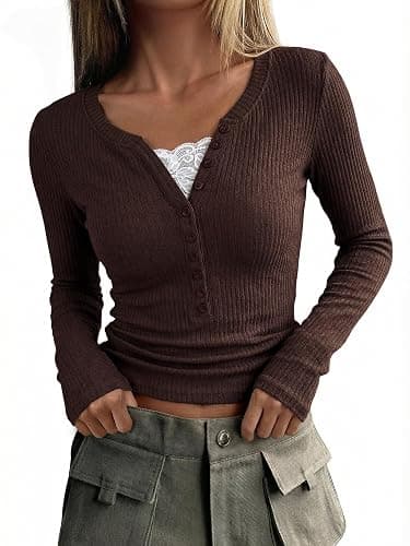 EMMIOL Long Sleeve Henley Shirts for Womens - V Neck Button Ribbed Knit Tops Slim Fit Casual Trendy Lace Tunics Blouse thumbnail 4